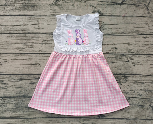 (Pre-order)GSD1696 Bunny Flowers Pink Plaid Print Girls Easter Knee Length Dress