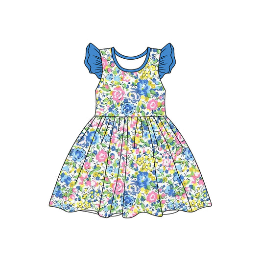 (Pre-order)GSD1697 Blue Flowers Print Girls Summer Knee Length Dress