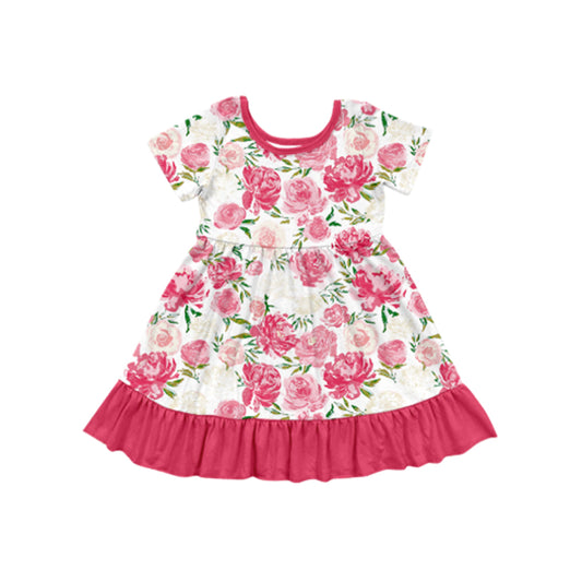 (Pre-order)GSD1699 Pink Flowers Print Girls Summer Knee Length Dress