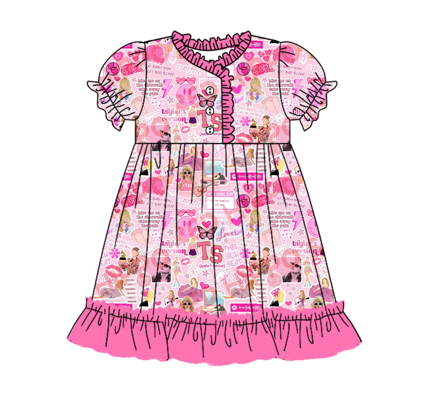 (Pre-order)GSD1700 Singer Swiftie Pink Print Girls Summer Knee Length Dress