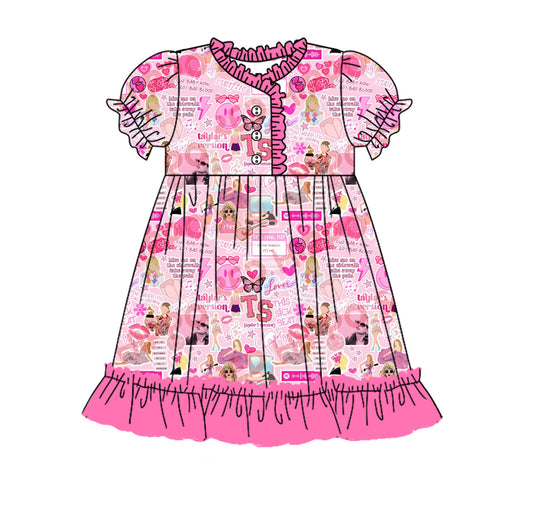 (Pre-order)GSD1700 Singer Swiftie Pink Print Girls Summer Knee Length Dress