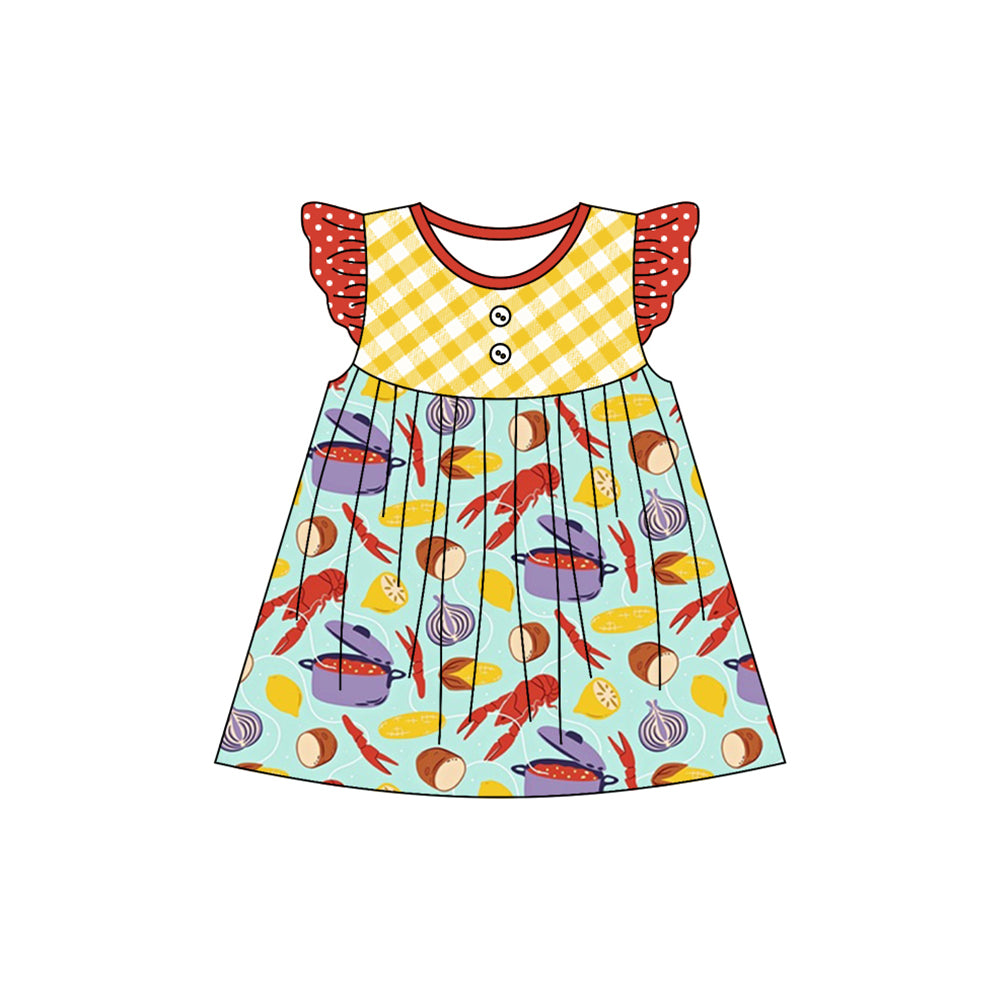 (Pre-order)GSD1706  Crayfish Print Girls Summer Knee Length Dress