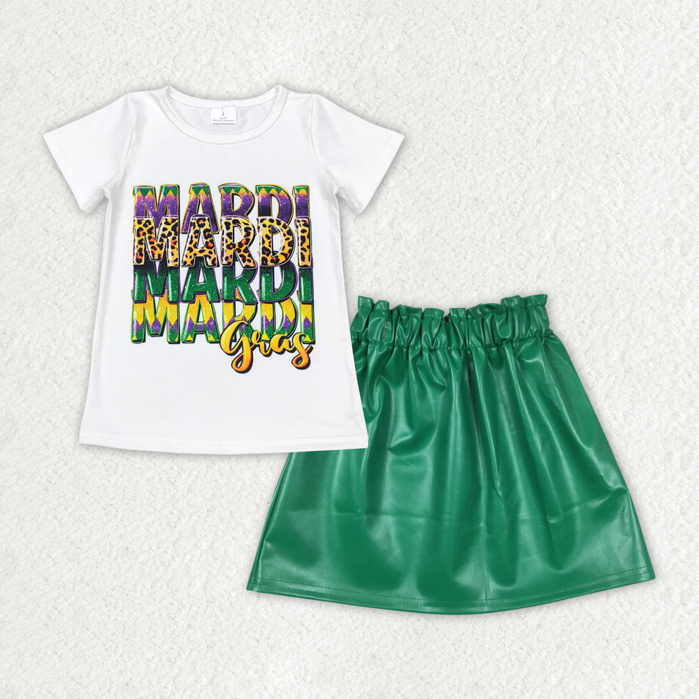 GSD1712 Mardi Gras Top Green Pleather Skirts Girls Clothes Set