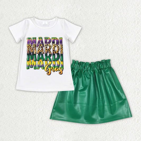 GSD1712 Mardi Gras Top Green Pleather Skirts Girls Clothes Set