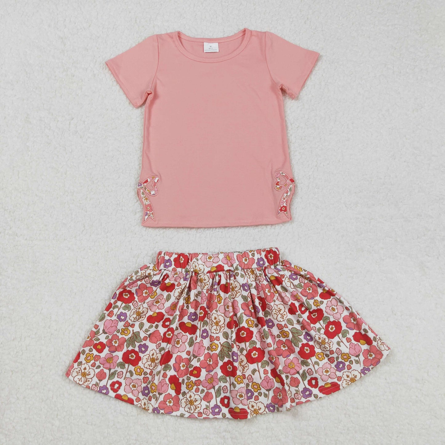 GSD1721 Bows Embroidery Pink Top Flowers Skirts Shorts Gilrs Summer Clothes Set