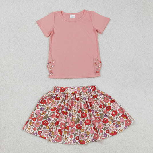 GSD1721 Bows Embroidery Pink Top Flowers Skirts Shorts Gilrs Summer Clothes Set