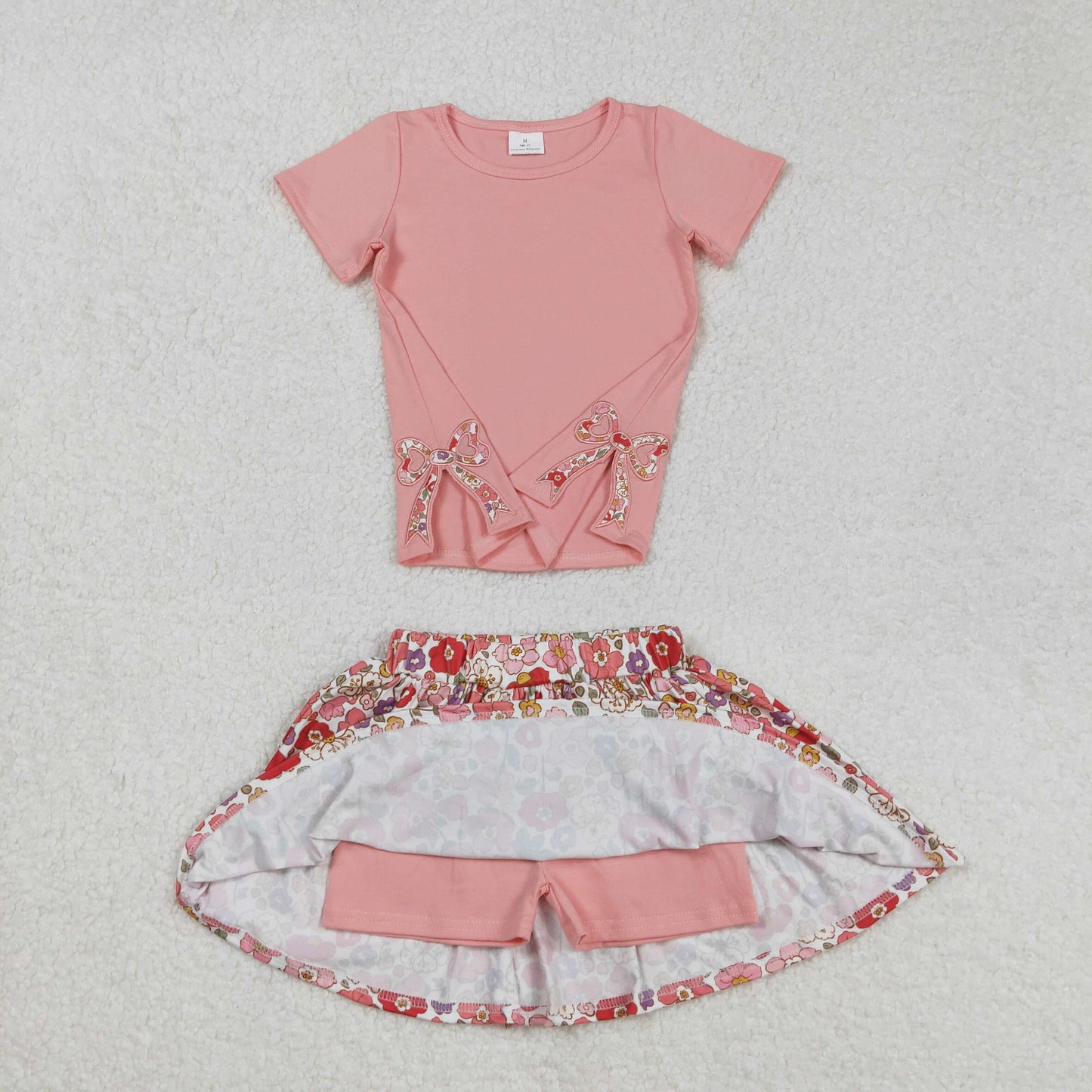 GSD1721 Bows Embroidery Pink Top Flowers Skirts Shorts Gilrs Summer Clothes Set