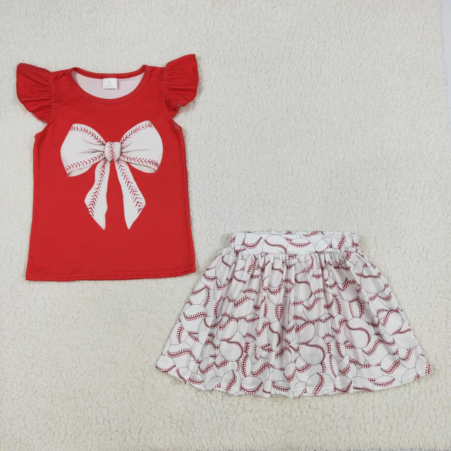 GSD1722 Baseball Bow Red Top Skirts Shorts Gilrs Summer Clothes Set