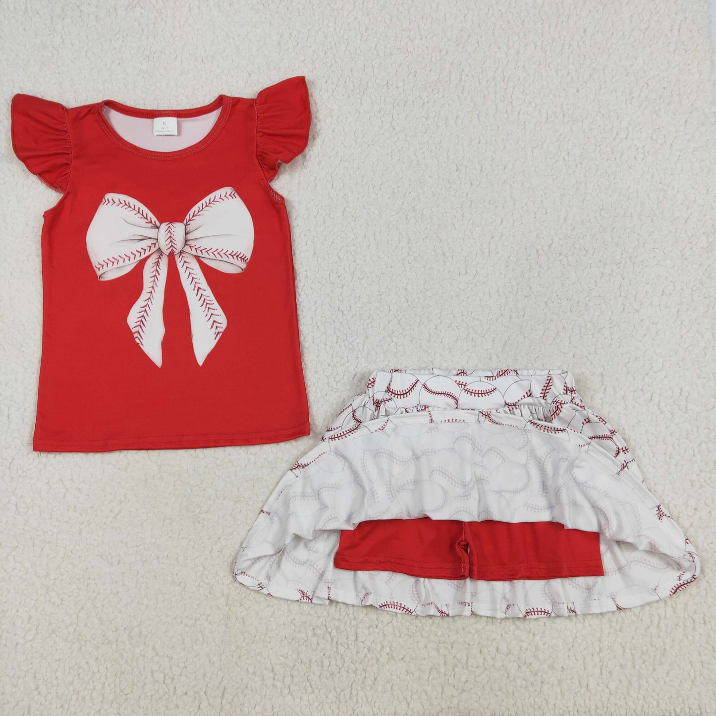 GSD1722 Baseball Bow Red Top Skirts Shorts Gilrs Summer Clothes Set