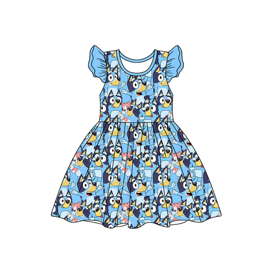 (Pre-order)GSD1726  Cartoon Dog Blue Print Girls Summer Knee Length Dress