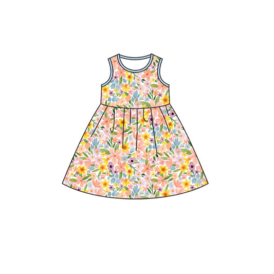(Pre-order)GSD1727  Colorful Flowers Print Girls Summer Knee Length Dress