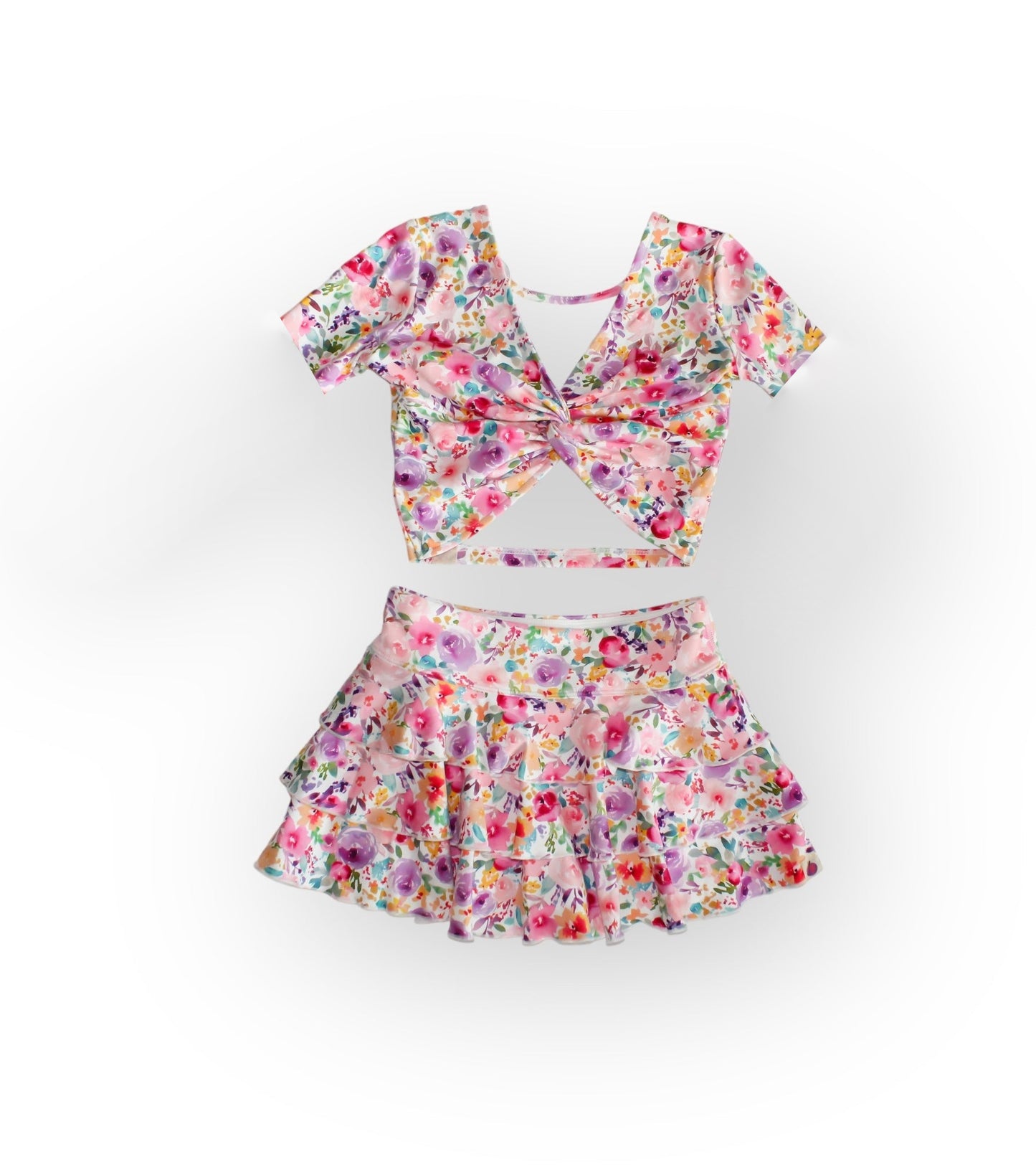 (Pre-order)GSD1732 Pink Flowers Print Ruffles Skirts Girls Summer Clothes Set