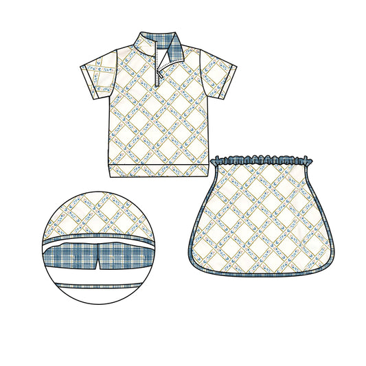 (Pre-order)GSD1733 Small Flowers Plaid Zipper Top Skirts Shorts Gilrs Sports Clothes Set