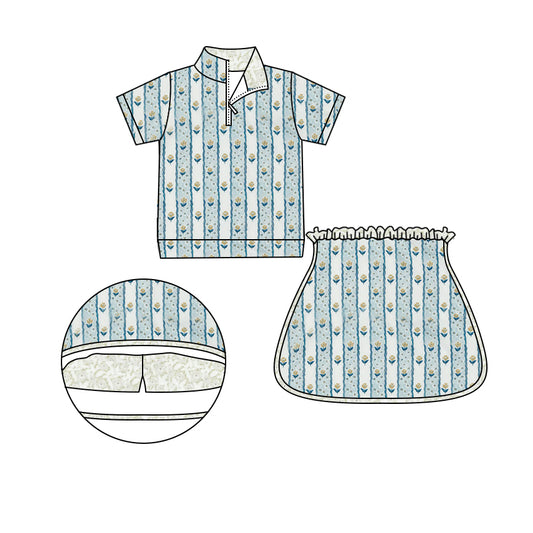 (Pre-order)GSD1734 Small Flowers Stripes Zipper Top Skirts Shorts Gilrs Sports Clothes Set