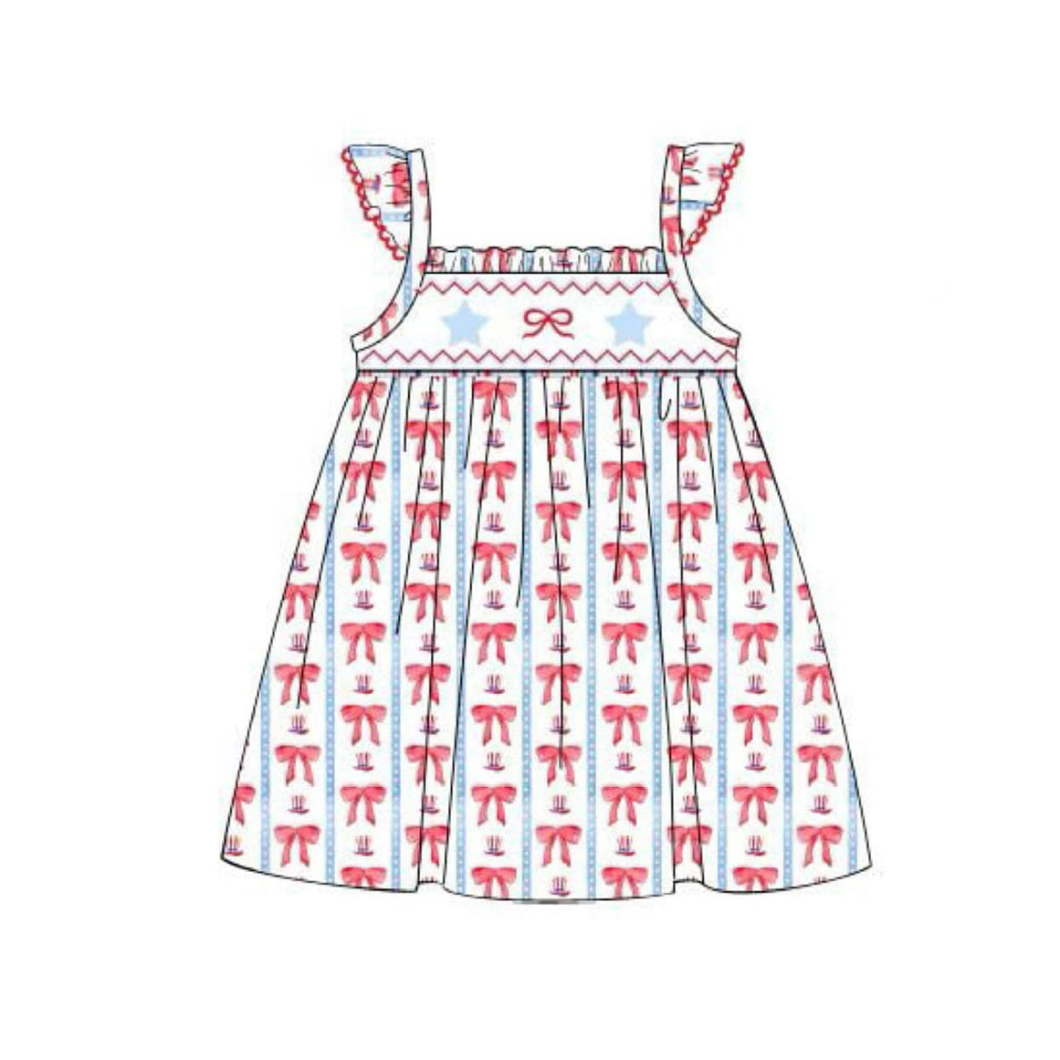 (Pre-order)GSD1741  Hat Bows Stars Print Girls 4th of July Knee Length Dress