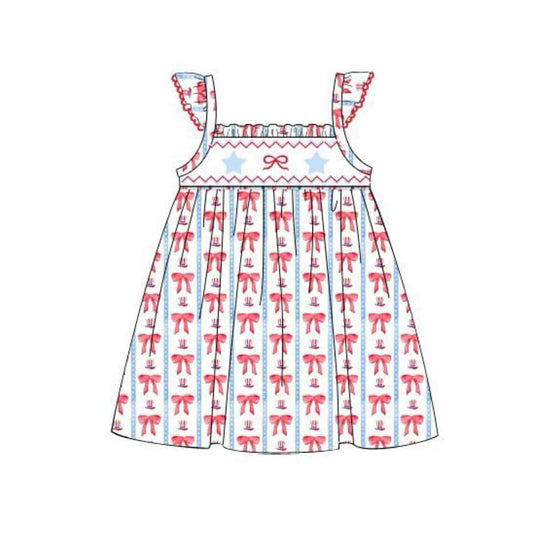 (Pre-order)GSD1741  Hat Bows Stars Print Girls 4th of July Knee Length Dress