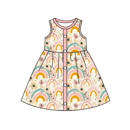 (Pre-order)GSD1743  Rainbow Flowers Print Girls Summer Knee Length Dress
