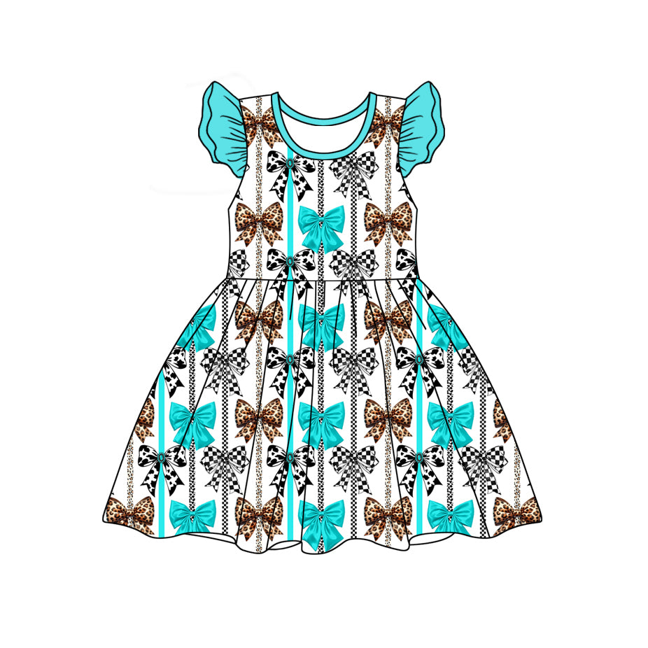 (Pre-order)GSD1750  Bows Print Girls Summer Western Knee Length Dress