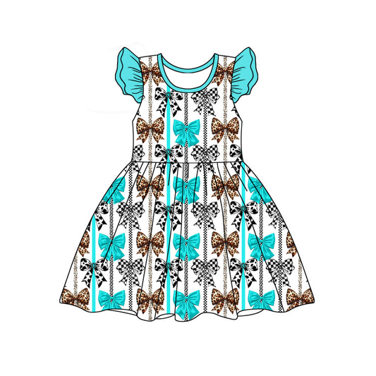 (Pre-order)GSD1750  Bows Print Girls Summer Western Knee Length Dress