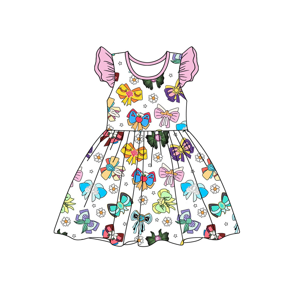 (Pre-order)GSD1755  Cartoon Princess Bows Print Girls Summer Knee Length Dress