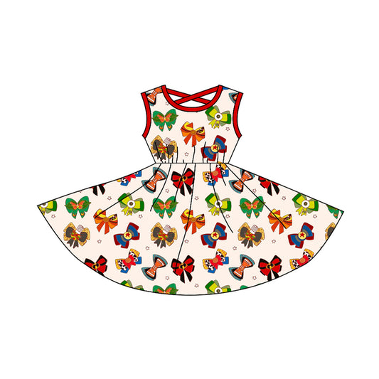 (Pre-order)GSD1756  Cartoon Figure Bows Print Girls Summer Knee Length Dress