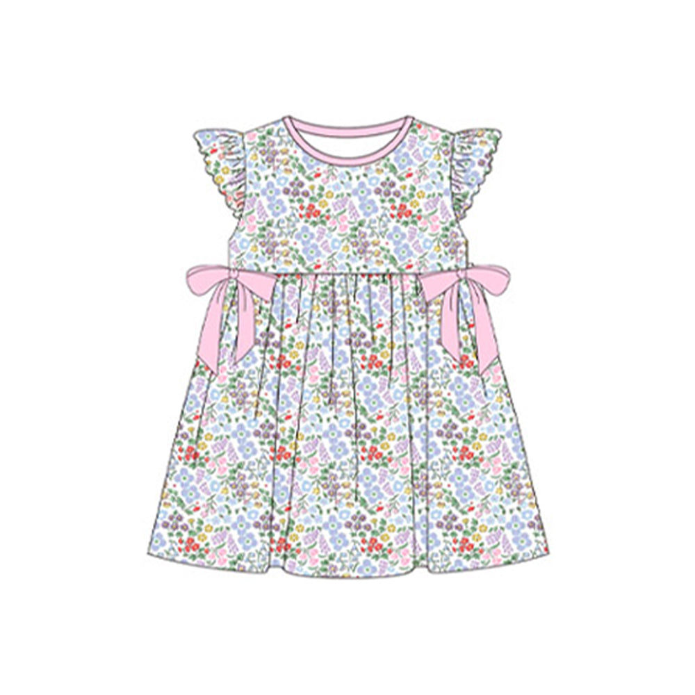 (Pre-order)GSD1757  Colorful Small Flowers Print Girls Summer Knee Length Dress