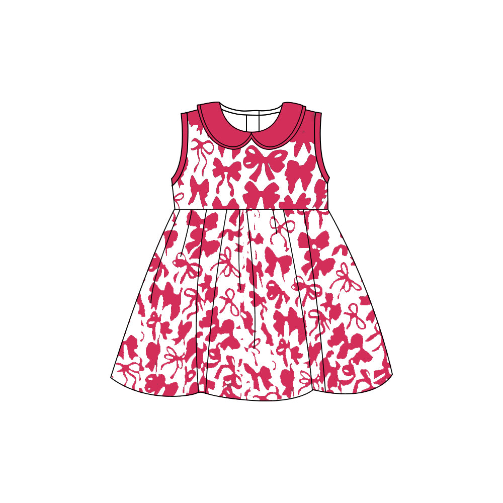 (Pre-order)GSD1759  Hot Pink Bows Print Girls Summer Sleeveless Knee Length Dress