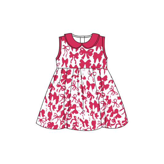 (Pre-order)GSD1759  Hot Pink Bows Print Girls Summer Sleeveless Knee Length Dress