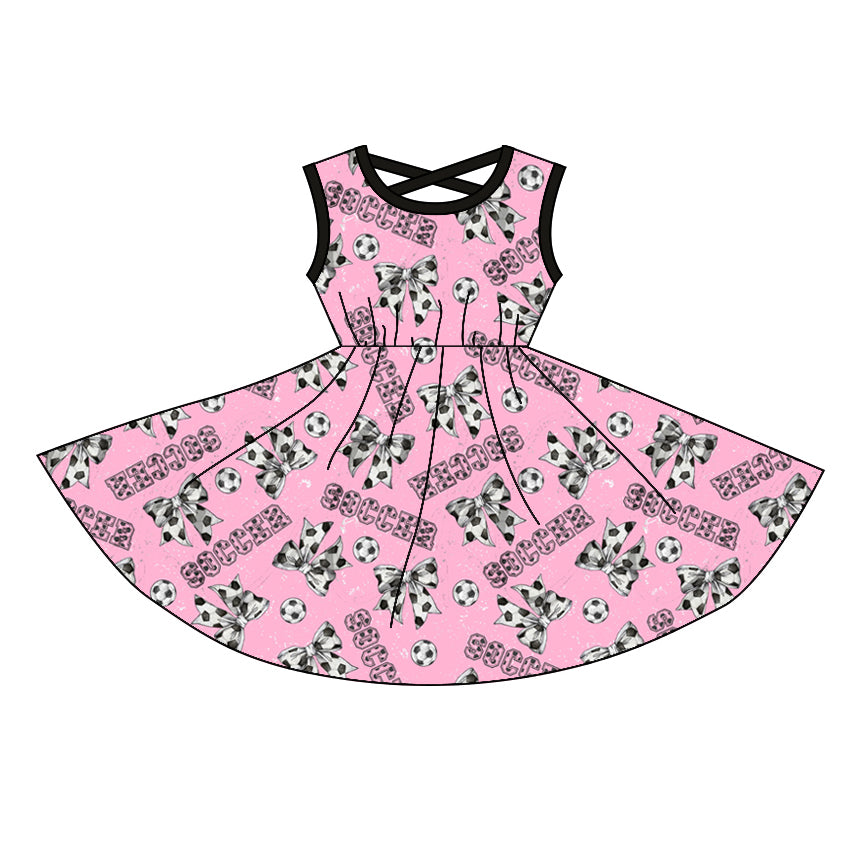 (Pre-order)GSD1764  Soccer Bows Print Girls Summer Knee Length Dress