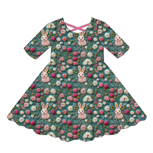 (Pre-order)GSD1769  Bunny Flowers Print Girls Easter Knee Length Dress