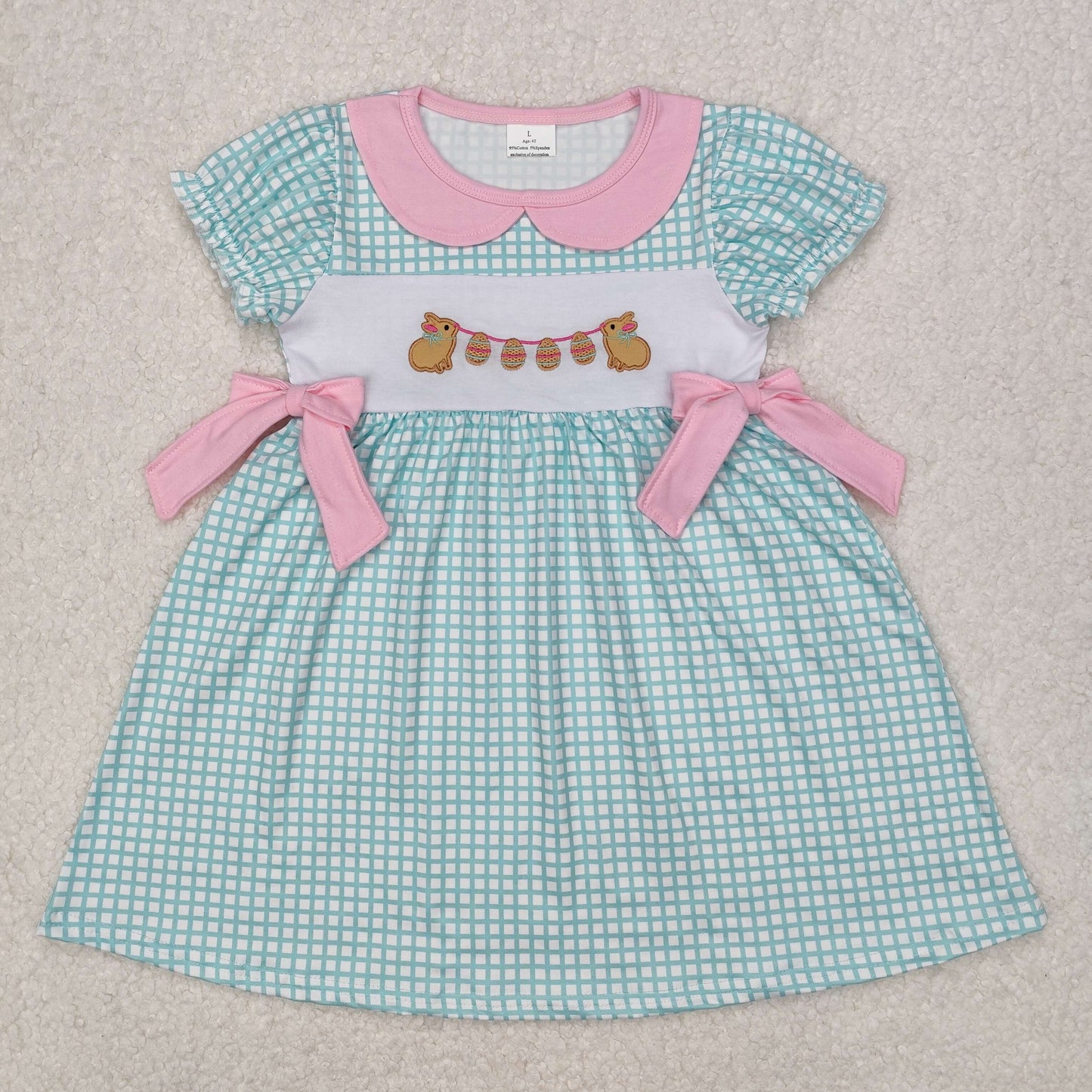 Bunny Eggs Embroidery Blue Plaid Print Sisters Easter Matching Clothes