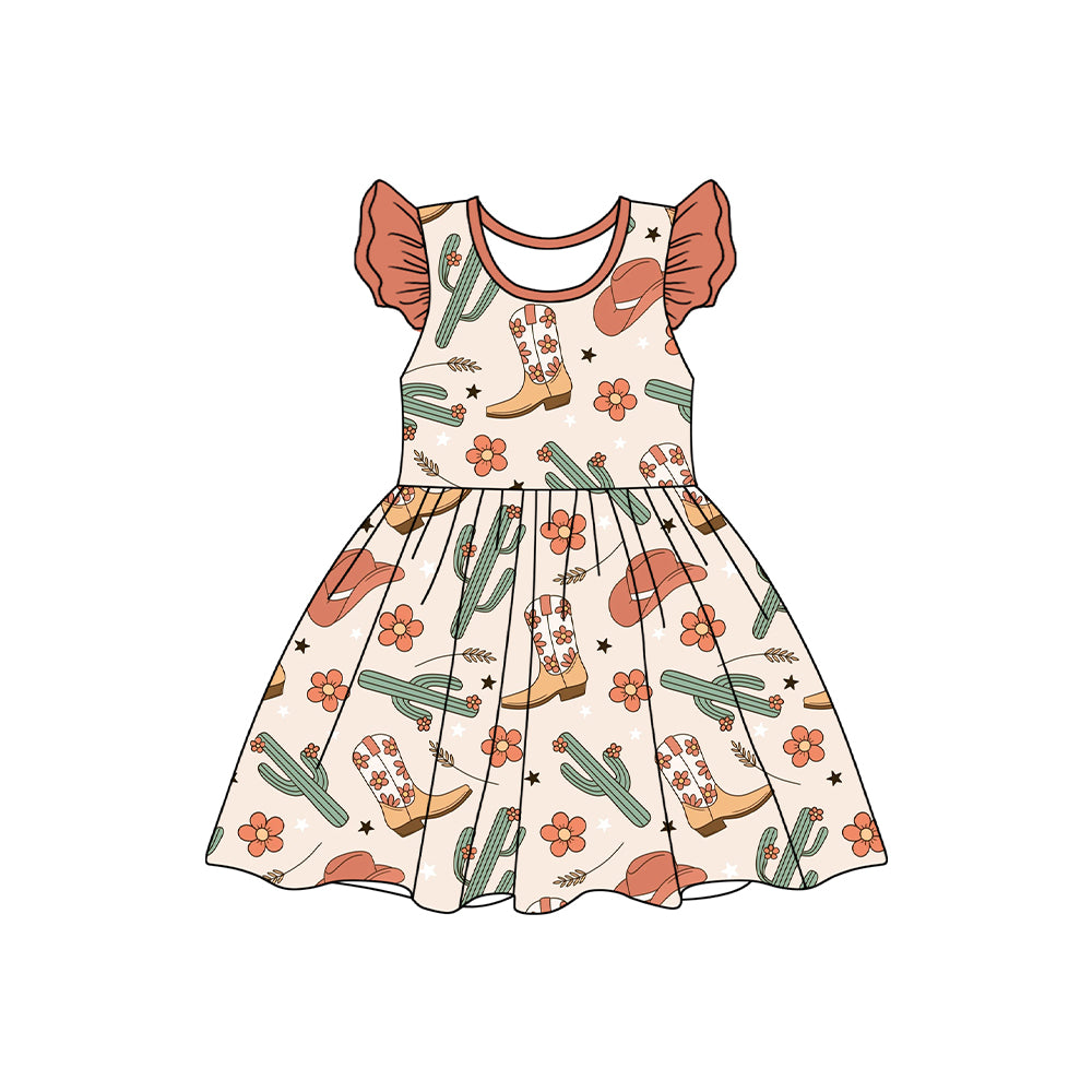 (Pre-order)GSD1775  Boots Cactus Flowers Print Girls Summer Knee Length Dress