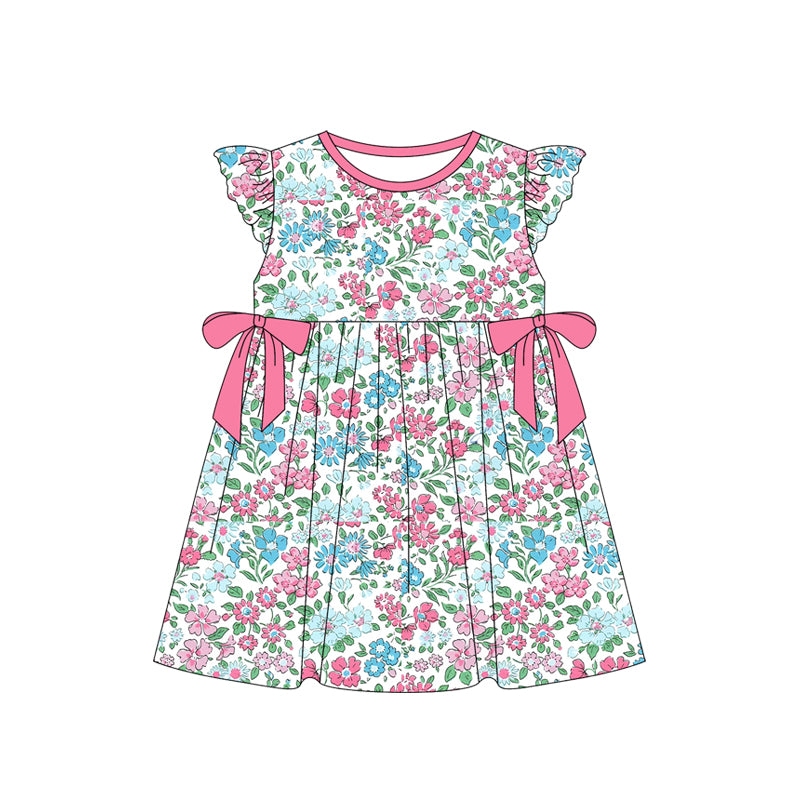(Pre-order)GSD1784  Blue Flowers Print Girls Summer Knee Length Dress