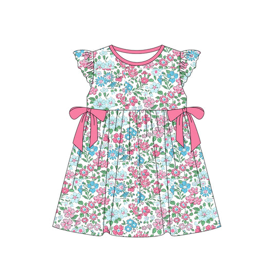 (Pre-order)GSD1784  Blue Flowers Print Girls Summer Knee Length Dress