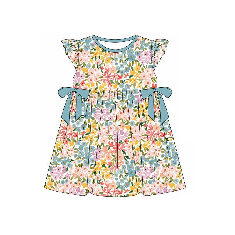 (Pre-order)GSD1787  Colorful Flowers Print Girls Summer Knee Length Dress