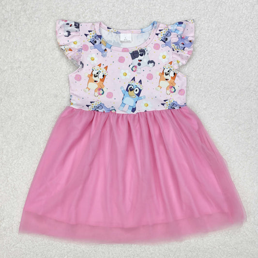 GSD1789  Cartoon Dog Pink Flowers Print Girls Summer Knee Length Tulle Dress