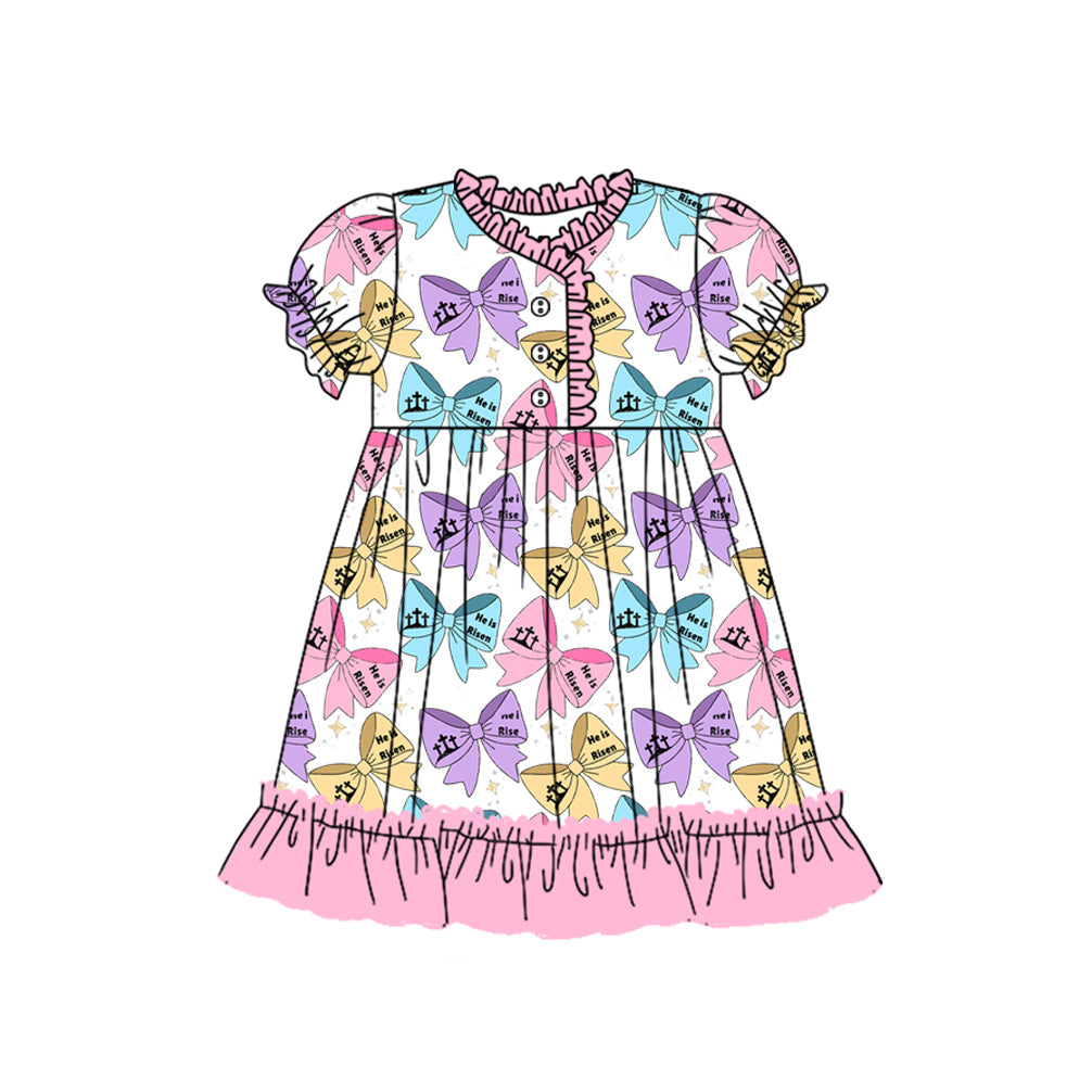 (Pre-order)GSD1790  He Is Risen Colorful Bows Print Girls Easter Knee Length Dress