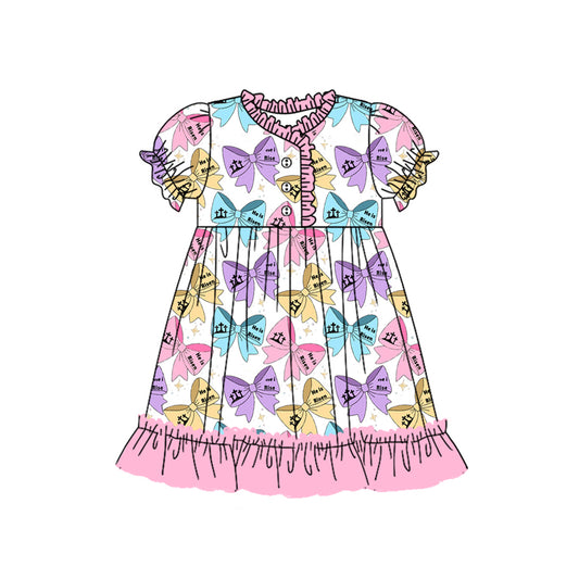 (Pre-order)GSD1790  He Is Risen Colorful Bows Print Girls Easter Knee Length Dress