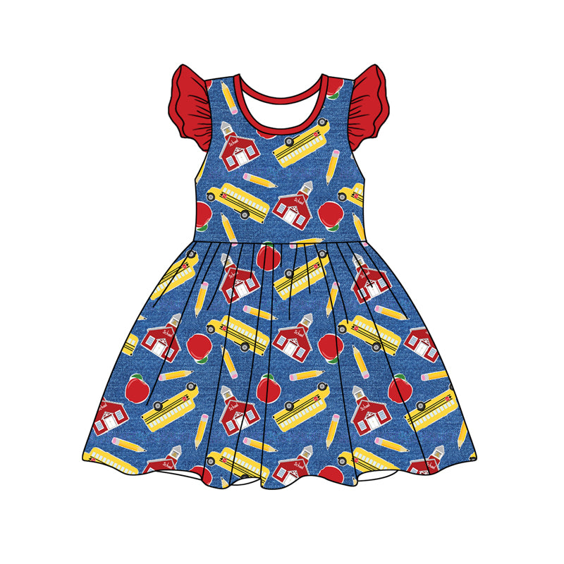 (Pre-order)GSD1795  Pen Apple Bus Print Girls Back to School Knee Length Dress