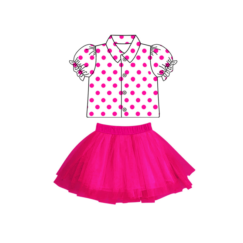 (Pre-order)GSD1807 Hot Pink Dots Tee Shirts Top Tulle Skirts Girls Summer Clothes Set