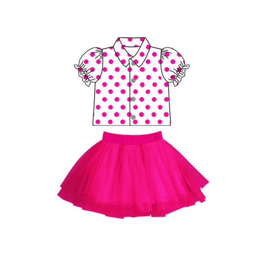 (Pre-order)GSD1807 Hot Pink Dots Tee Shirts Top Tulle Skirts Girls Summer Clothes Set