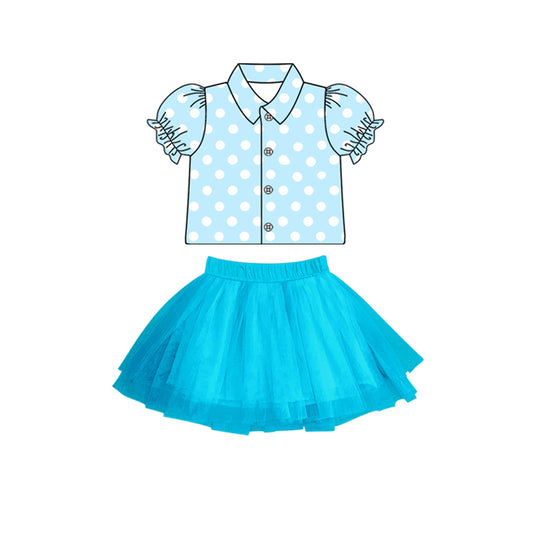(Pre-order)GSD1808 Blue Dots Tee Shirts Top Tulle Skirts Girls Summer Clothes Set