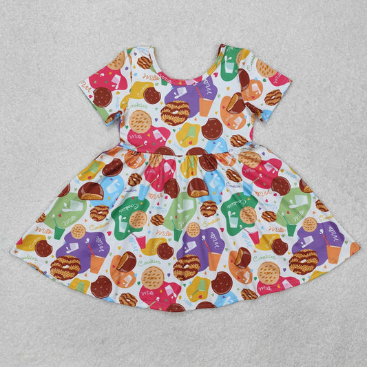 GSD1809  Milk Cookies Print Girls Summer Knee Length Dress