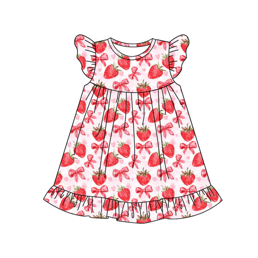 (Pre-order)GSD1811  Strawberry Bows Print Girls Summer Knee Length Dress