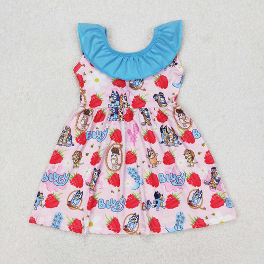 GSD1813  Cartoon Dog Strawberry Flowers Print Girls Summer Knee Length Dress