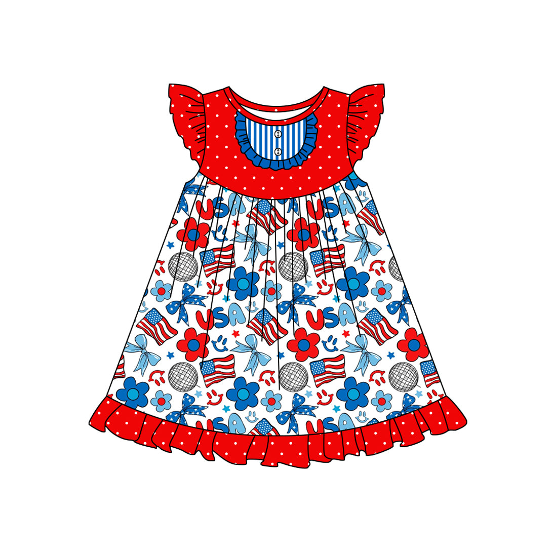 (Pre-order)GSD1815  Flag Bows Flowers Print Girls 4th of July Knee Length Dress