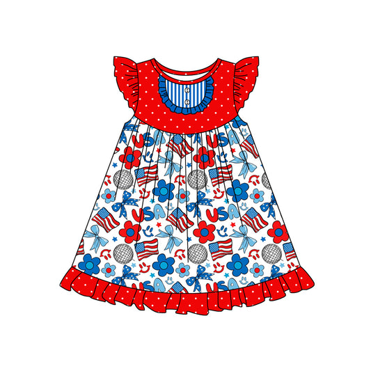 (Pre-order)GSD1815  Flag Bows Flowers Print Girls 4th of July Knee Length Dress