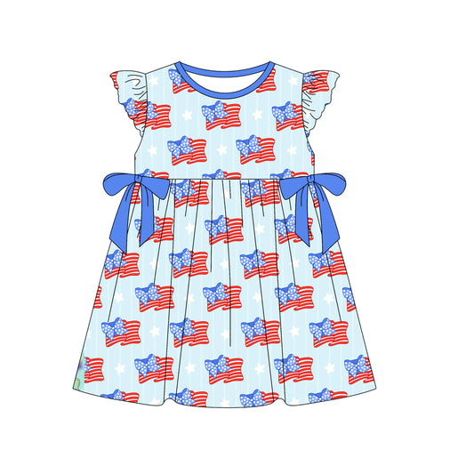 (Pre-order)GSD1816  Flag Bows Stars Print Girls 4th of July Knee Length Dress