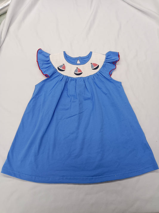 (Pre-order)GSD1818  Sailboat Flag Embroidery Blue Color Girls 4th of July Knee Length Smocked Dress