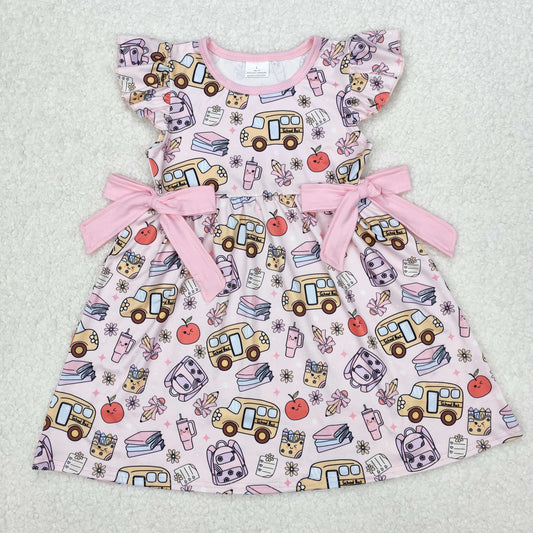 GSD1819  Apple Pen Flowers Print Girls Back to School Knee Length Dress